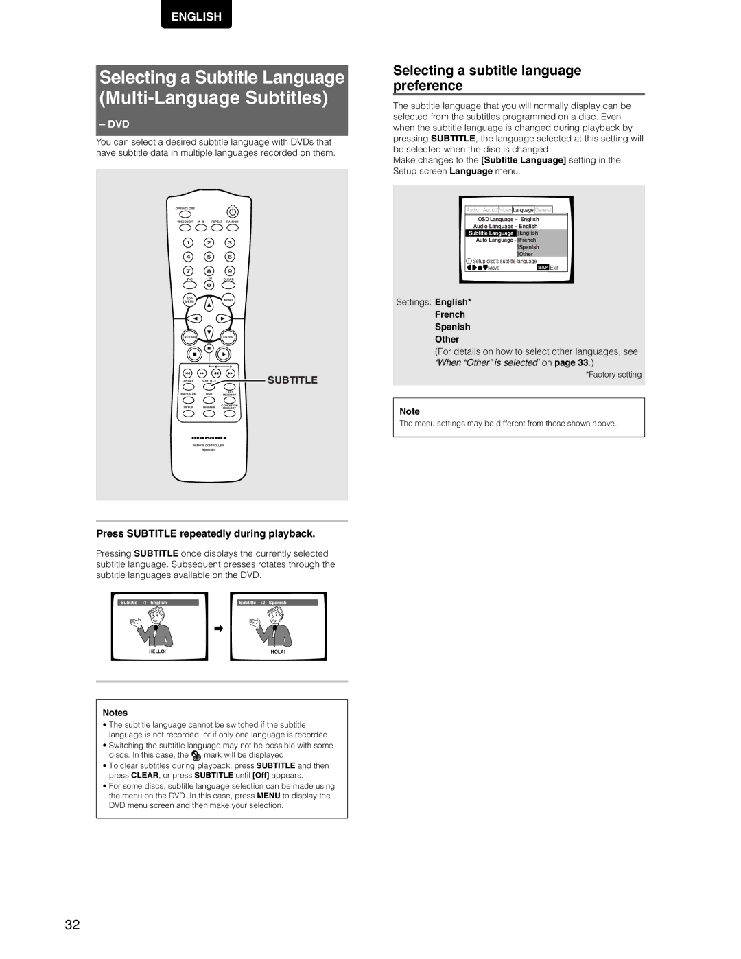 Marantz DV7110 manual Selecting a subtitle language preference, Press Subtitle repeatedly during playback 