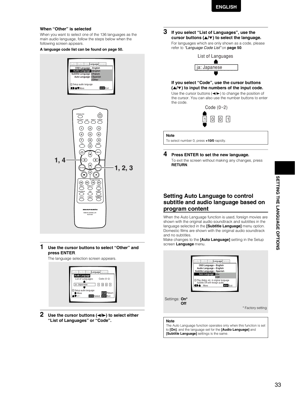 Marantz DV7110 manual Setting Auto Language to control, Subtitle and audio language based on, Program content 