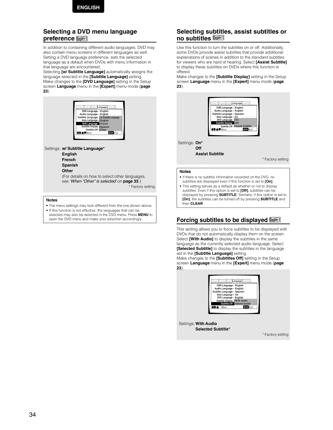 Marantz DV7110 manual Selecting a DVD menu language preference, Selecting subtitles, assist subtitles or no subtitles 