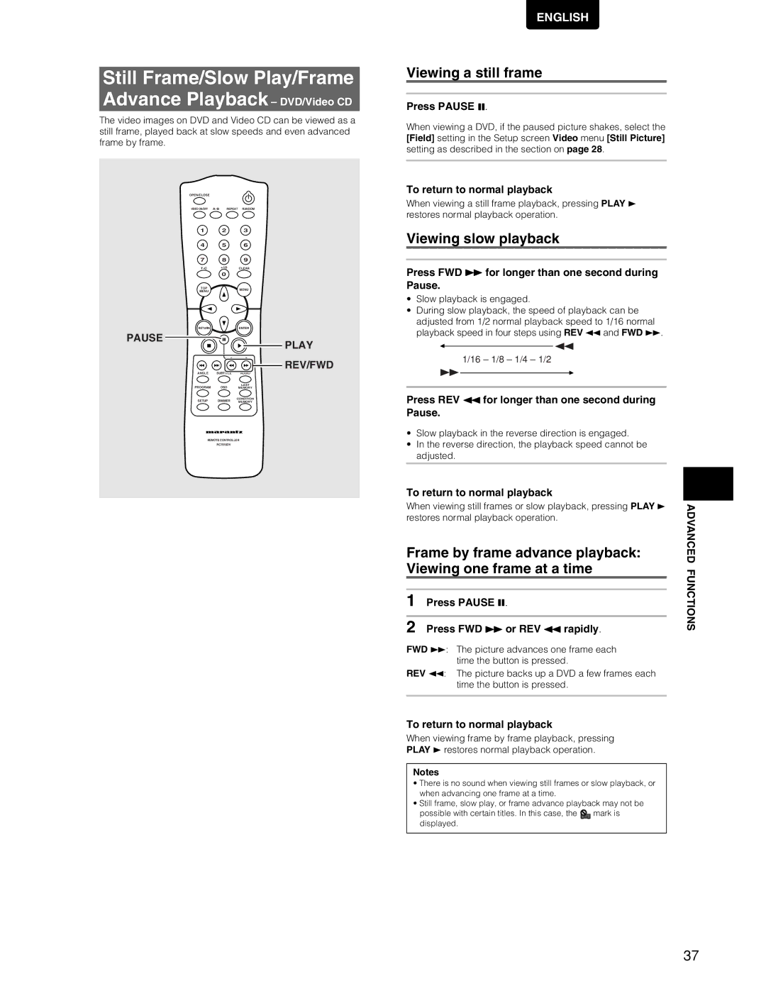 Marantz DV7110 Still Frame/Slow Play/Frame Advance Playback DVD/Video CD, Viewing a still frame, Viewing slow playback 