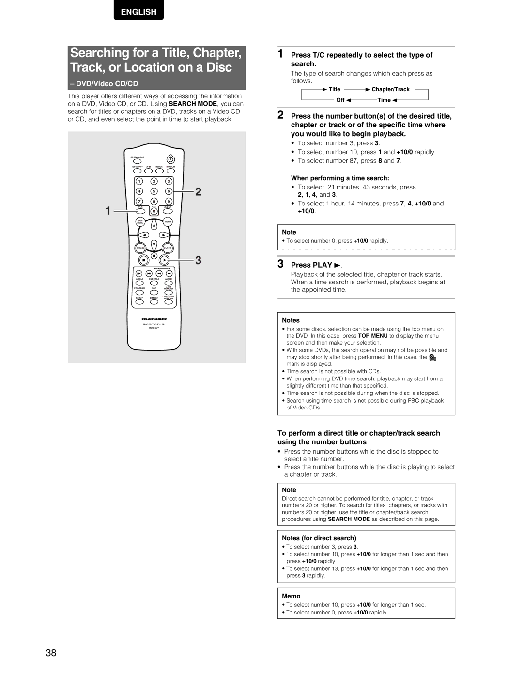 Marantz DV7110 Press T/C repeatedly to select the type of search, Type of search changes which each press as follows, Memo 