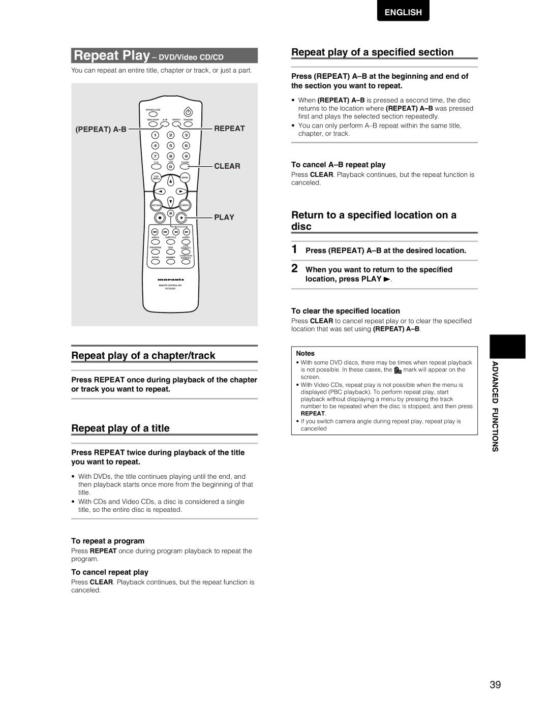 Marantz DV7110 manual Repeat play of a chapter/track, Repeat play of a title, Repeat play of a specified section 