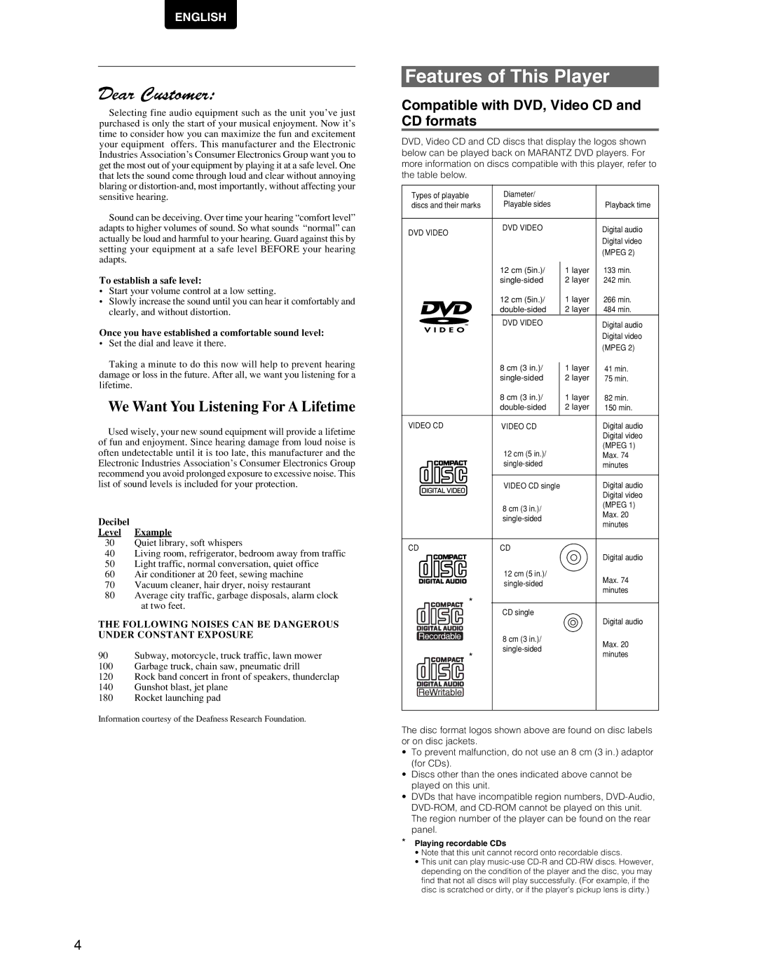 Marantz DV7110 manual Features of This Player, Compatible with DVD, Video CD and CD formats, Playing recordable CDs 