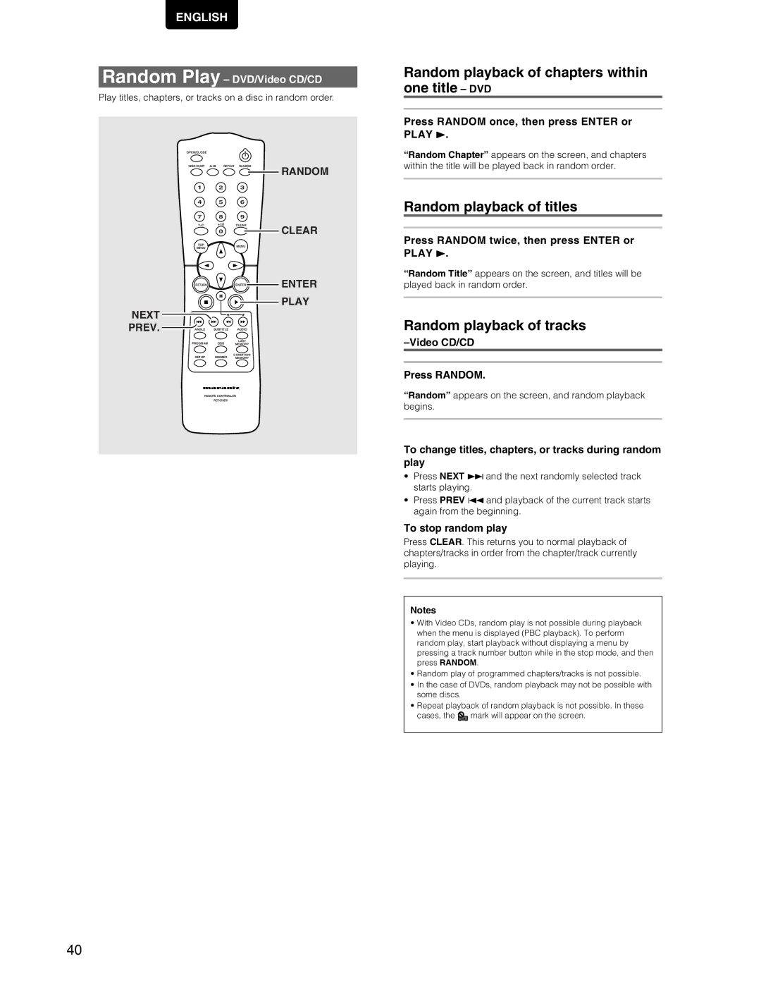 Marantz DV7110 Random playback of chapters within one title DVD, Random playback of titles, Random playback of tracks 