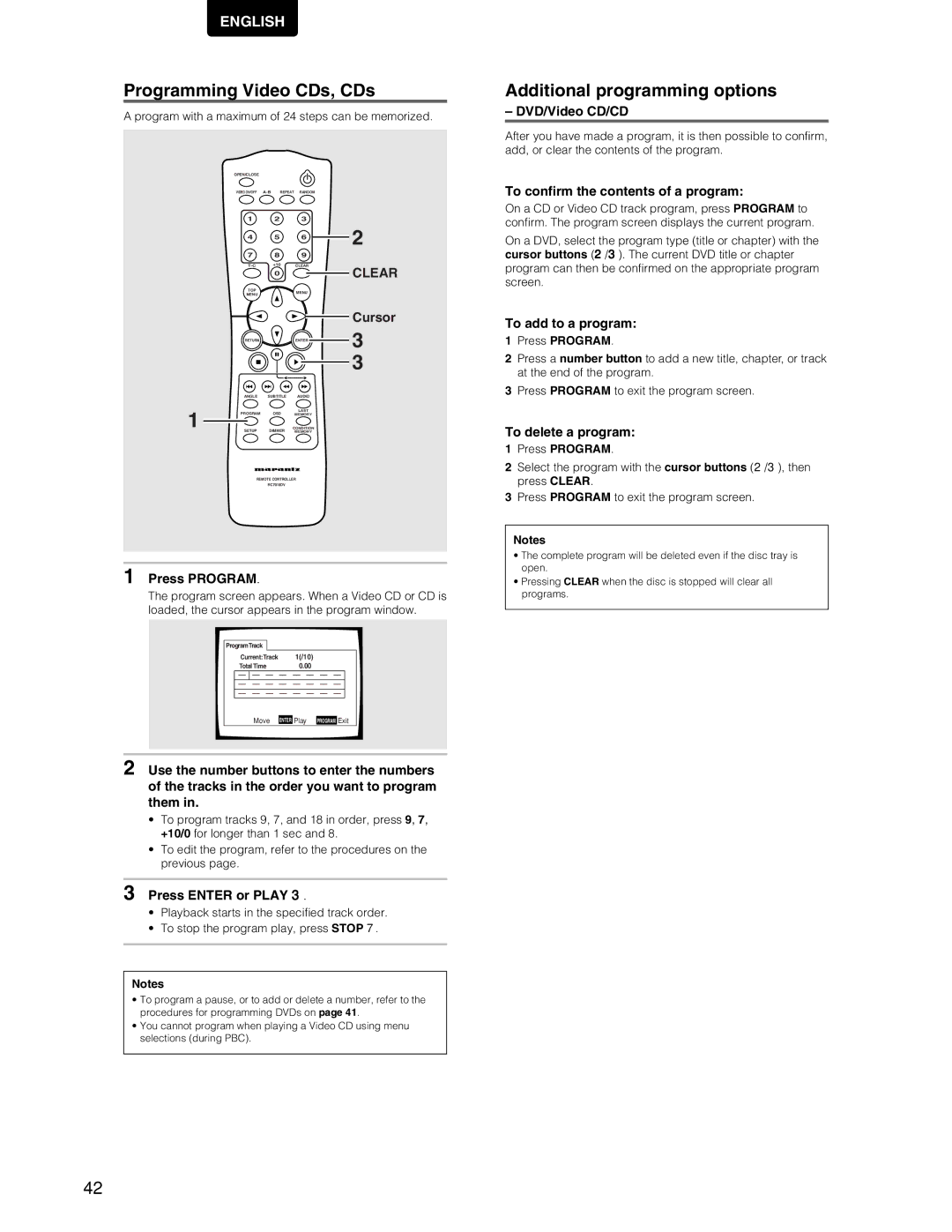Marantz DV7110 manual Programming Video CDs, CDs, Additional programming options 