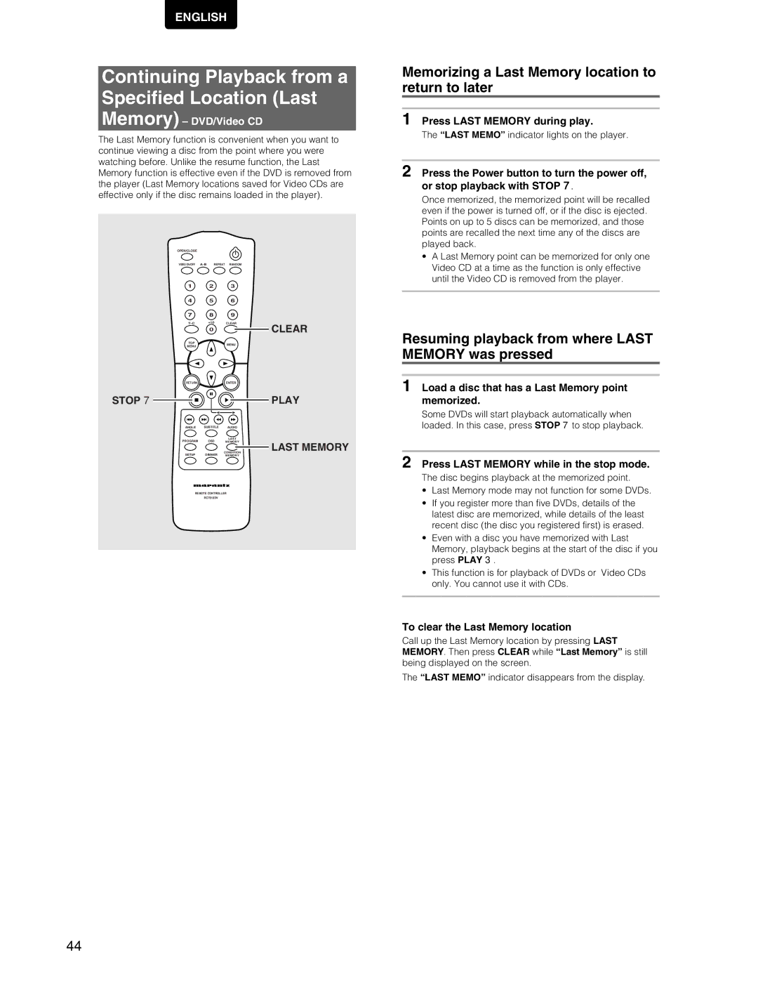 Marantz DV7110 Continuing Playback from a Specified Location Last, Memorizing a Last Memory location to return to later 