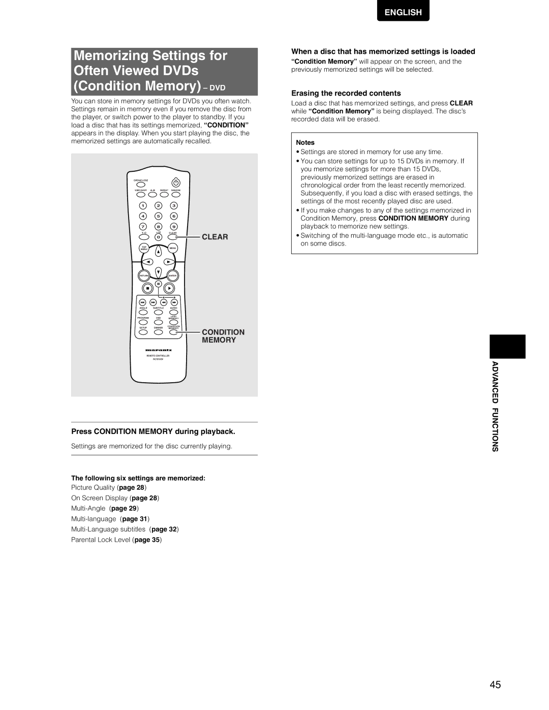 Marantz DV7110 manual Press Condition Memory during playback, When a disc that has memorized settings is loaded 