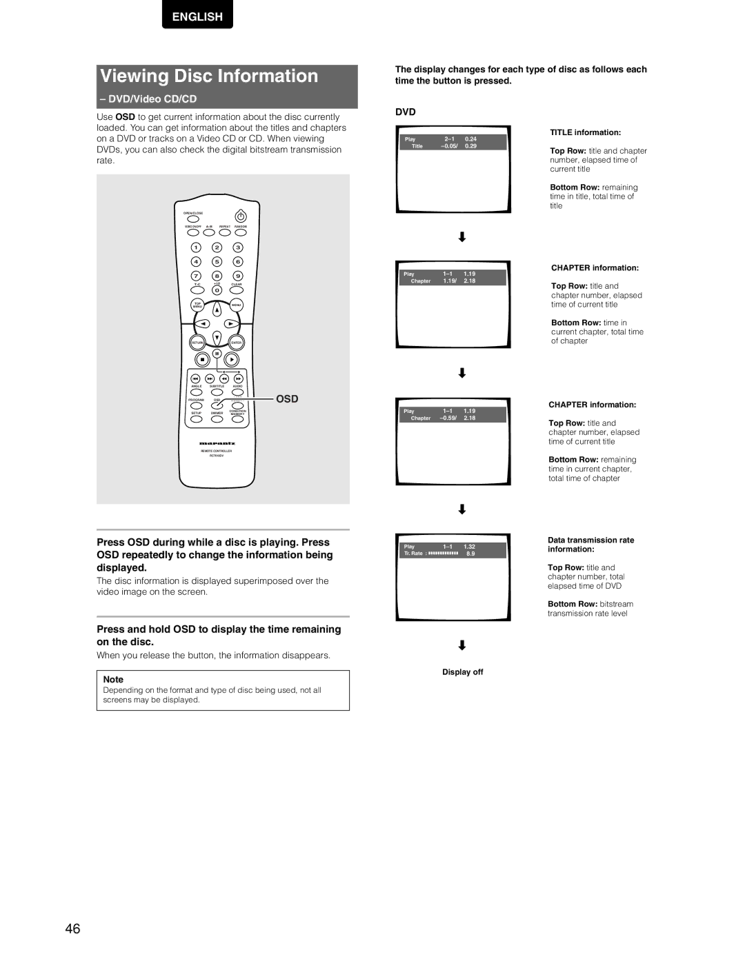 Marantz DV7110 manual Viewing Disc Information, Osd, Dvd, When you release the button, the information disappears 