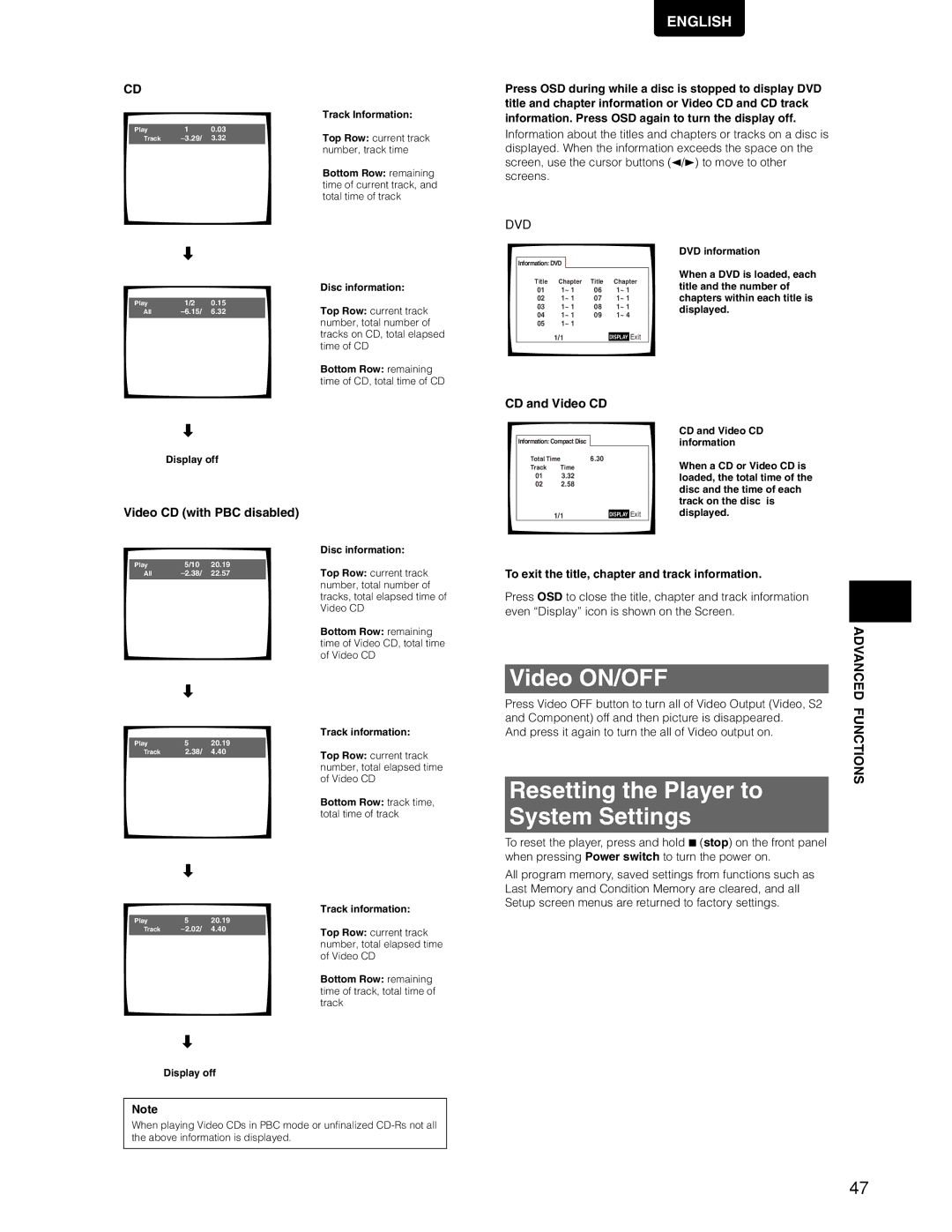 Marantz DV7110 manual Video ON/OFF, Resetting the Player to System Settings, CD and Video CD, Video CD with PBC disabled 