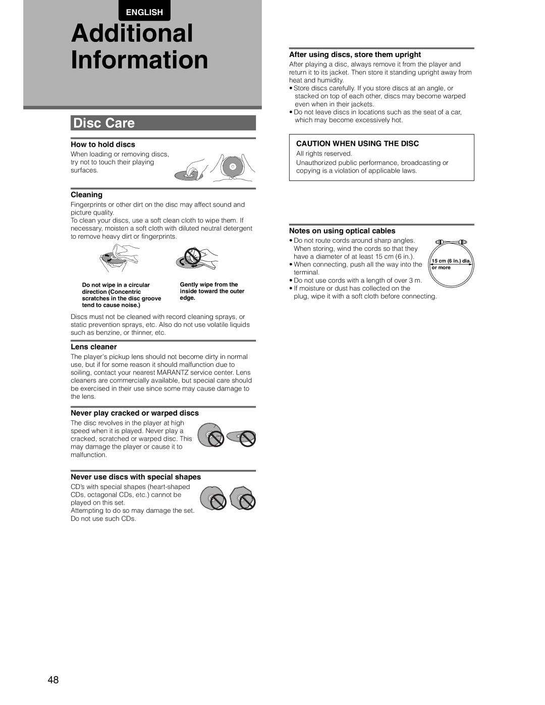 Marantz DV7110 manual Additional Information, Disc Care 