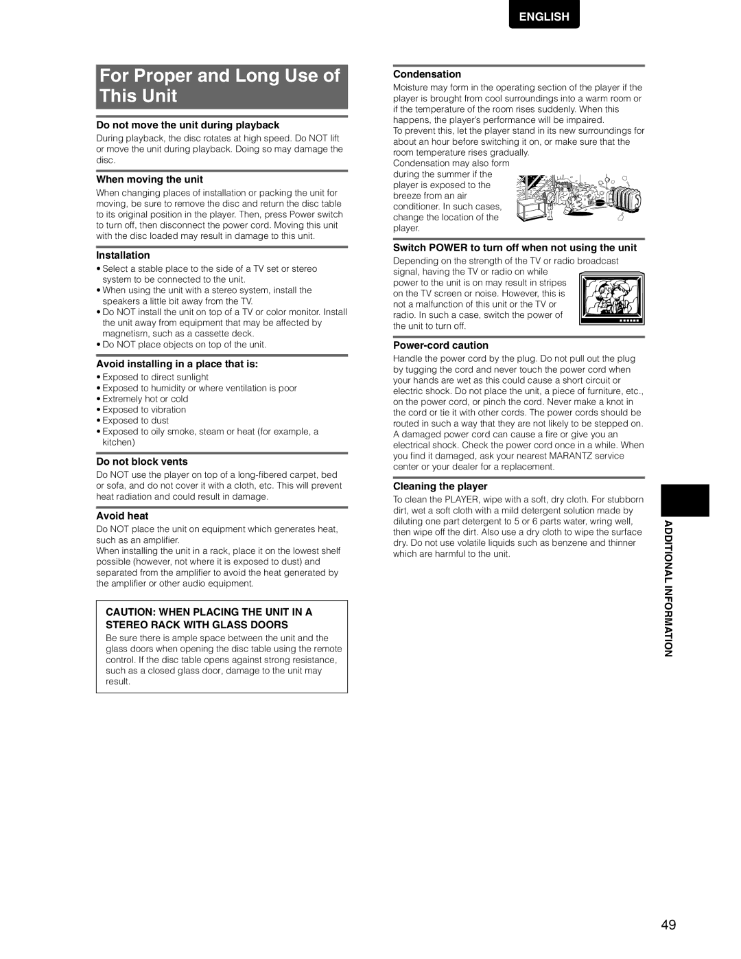 Marantz DV7110 manual For Proper and Long Use of This Unit 