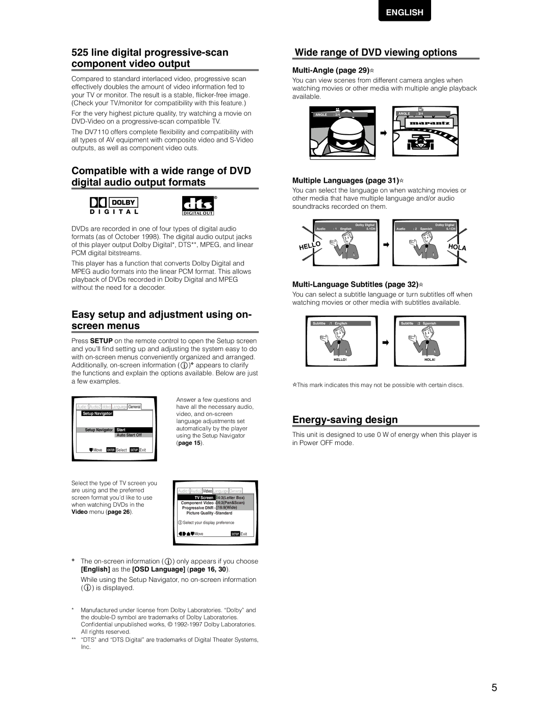 Marantz DV7110 Line digital progressive-scan component video output, Easy setup and adjustment using on- screen menus 