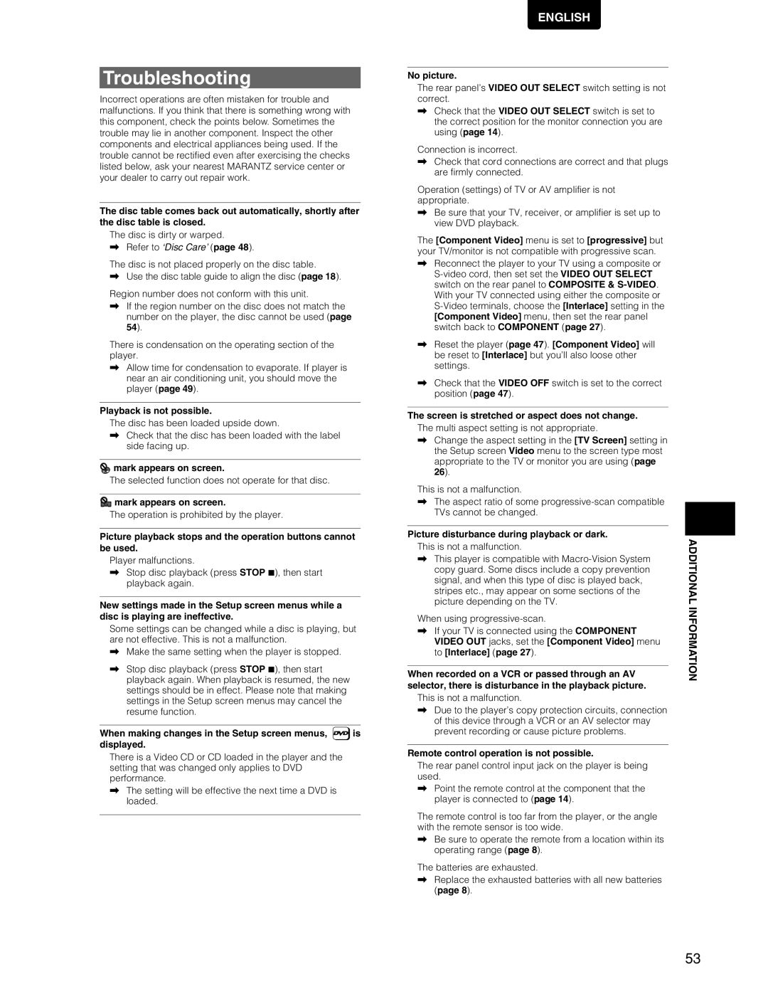 Marantz DV7110 manual Troubleshooting, Information 