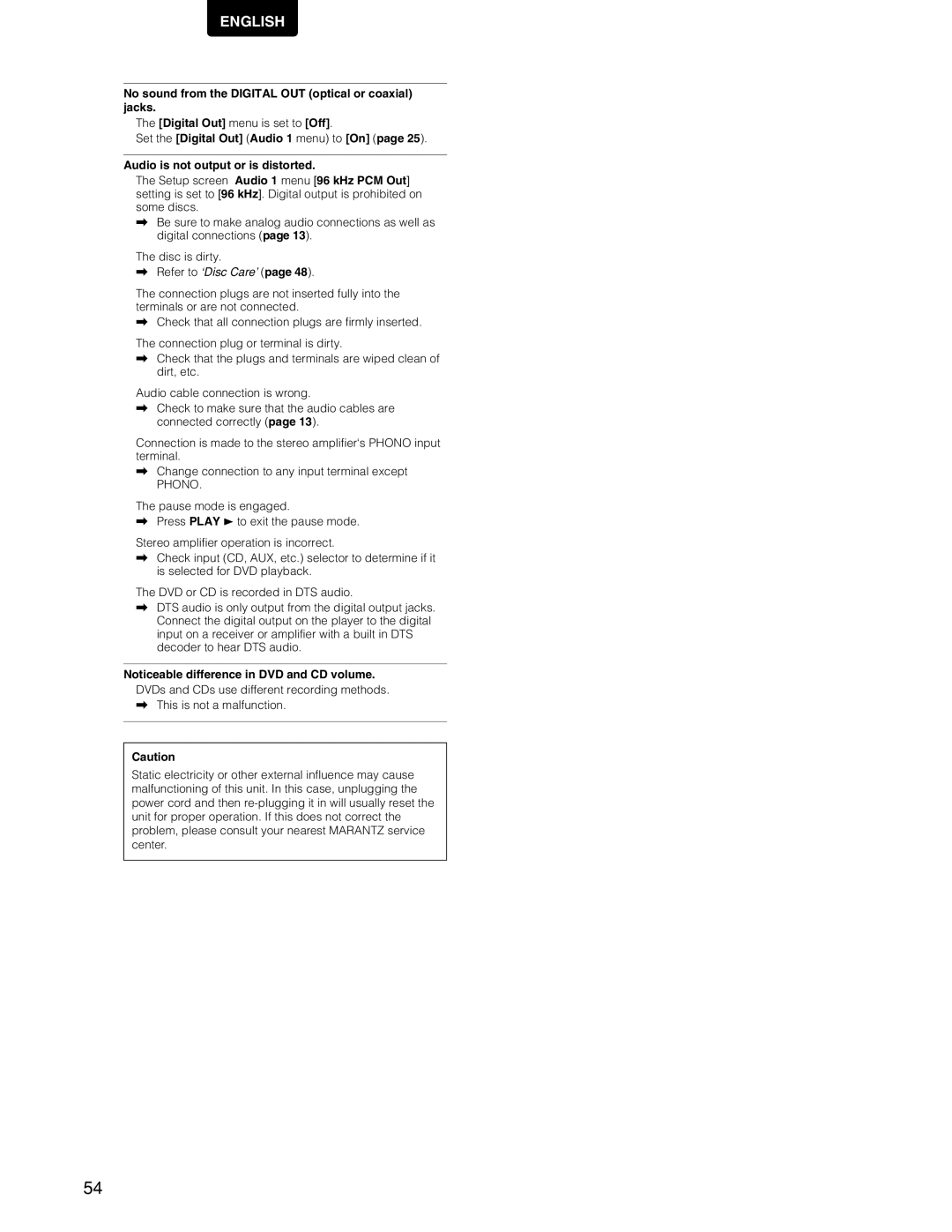 Marantz DV7110 manual No sound from the Digital OUT optical or coaxial jacks, Digital Out menu is set to Off 