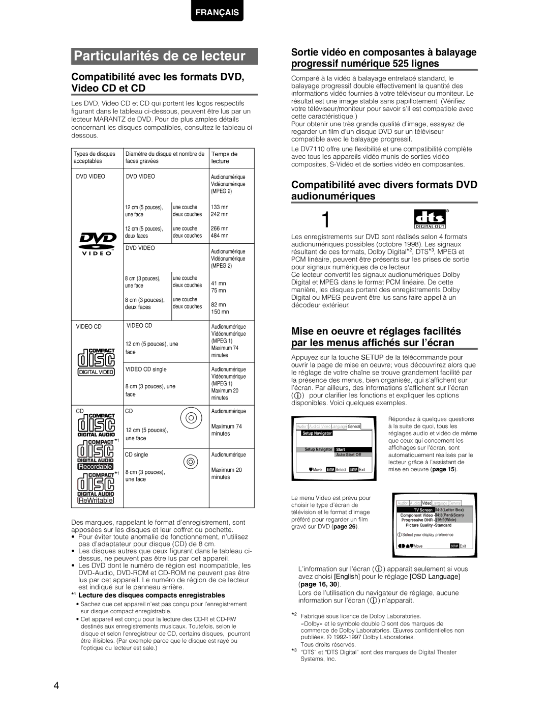 Marantz DV7110 manual Particularités de ce lecteur, Compatibilité avec les formats DVD, Video CD et CD 