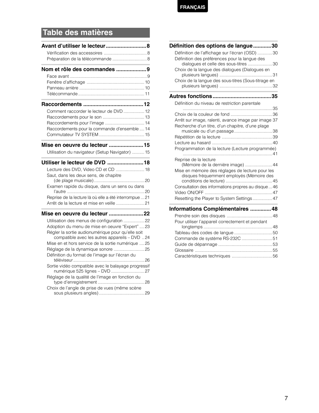 Marantz DV7110 manual Table des matières, Raccordements 