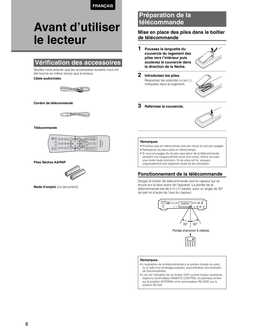 Marantz DV7110 manual Vérification des accessoires, Préparation de la Télécommande, Fonctionnement de la télécommande 