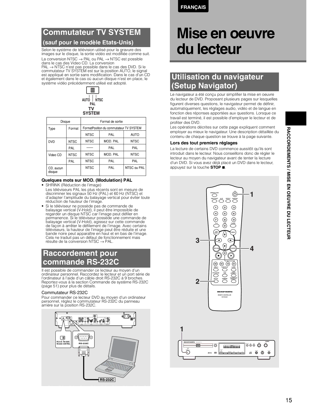 Marantz DV7110 manual Commutateur TV System, Raccordement pour Commande RS-232C, Utilisation du navigateur Setup Navigator 