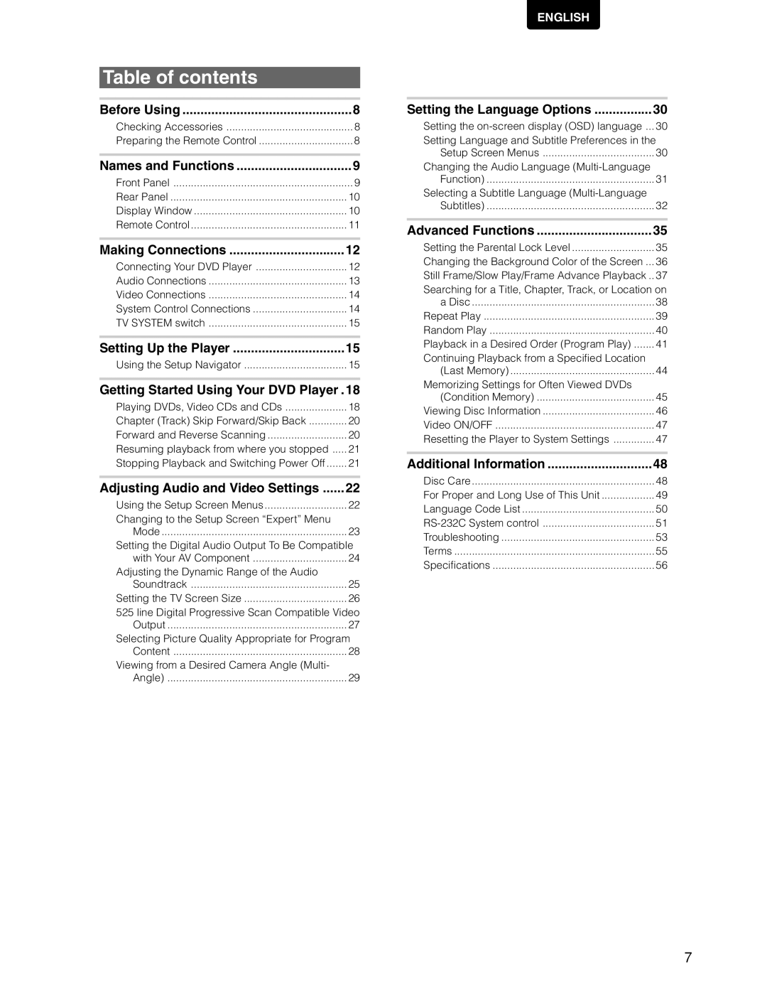 Marantz DV7110 manual Table of contents 