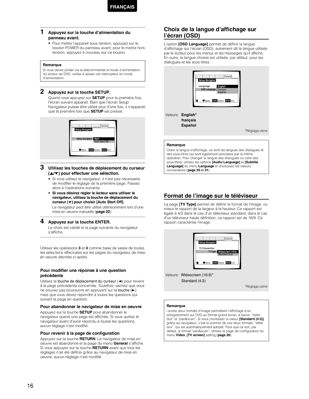 Marantz DV7110 manual Choix de la langue d’affichage sur l’écran OSD, Format de l’image sur le téléviseur 