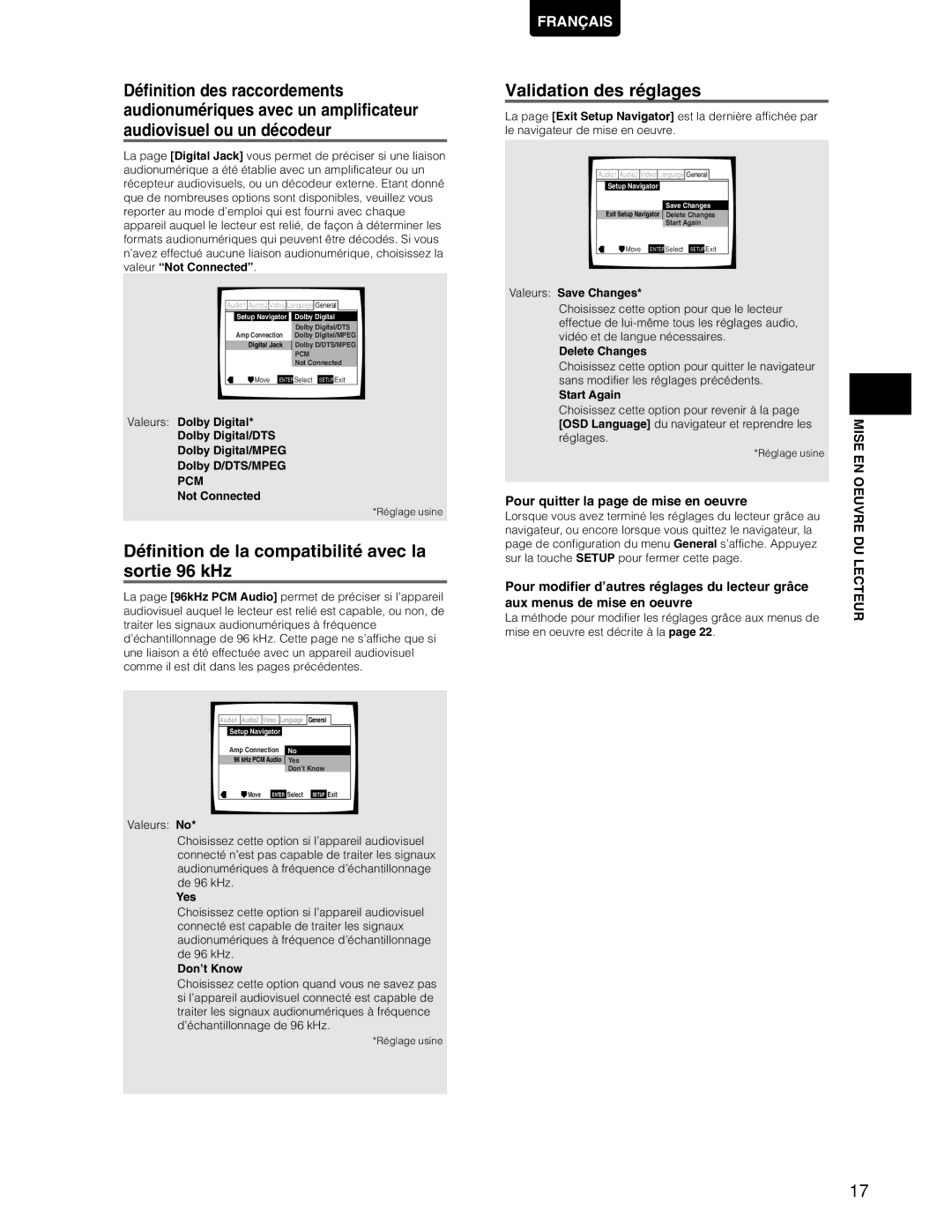 Marantz DV7110 Définition de la compatibilité avec la sortie 96 kHz, Validation des réglages, Mise EN Oeuvre DU Lecteur 