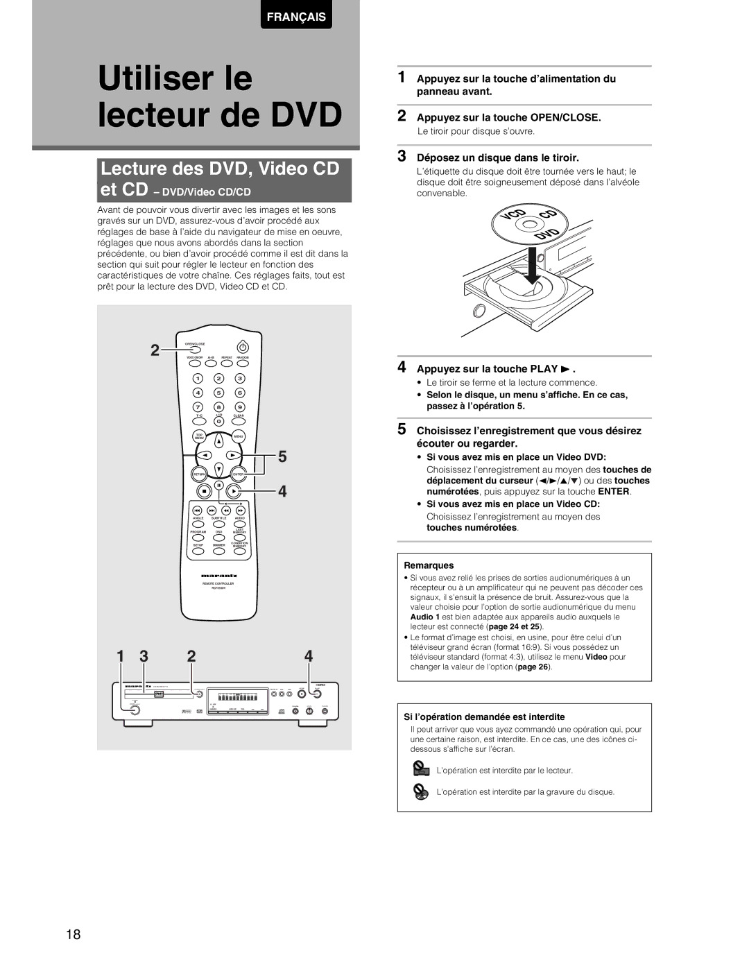 Marantz DV7110 manual Utiliser le lecteur de DVD, Lecture des DVD, Video CD Et CD, Déposez un disque dans le tiroir 