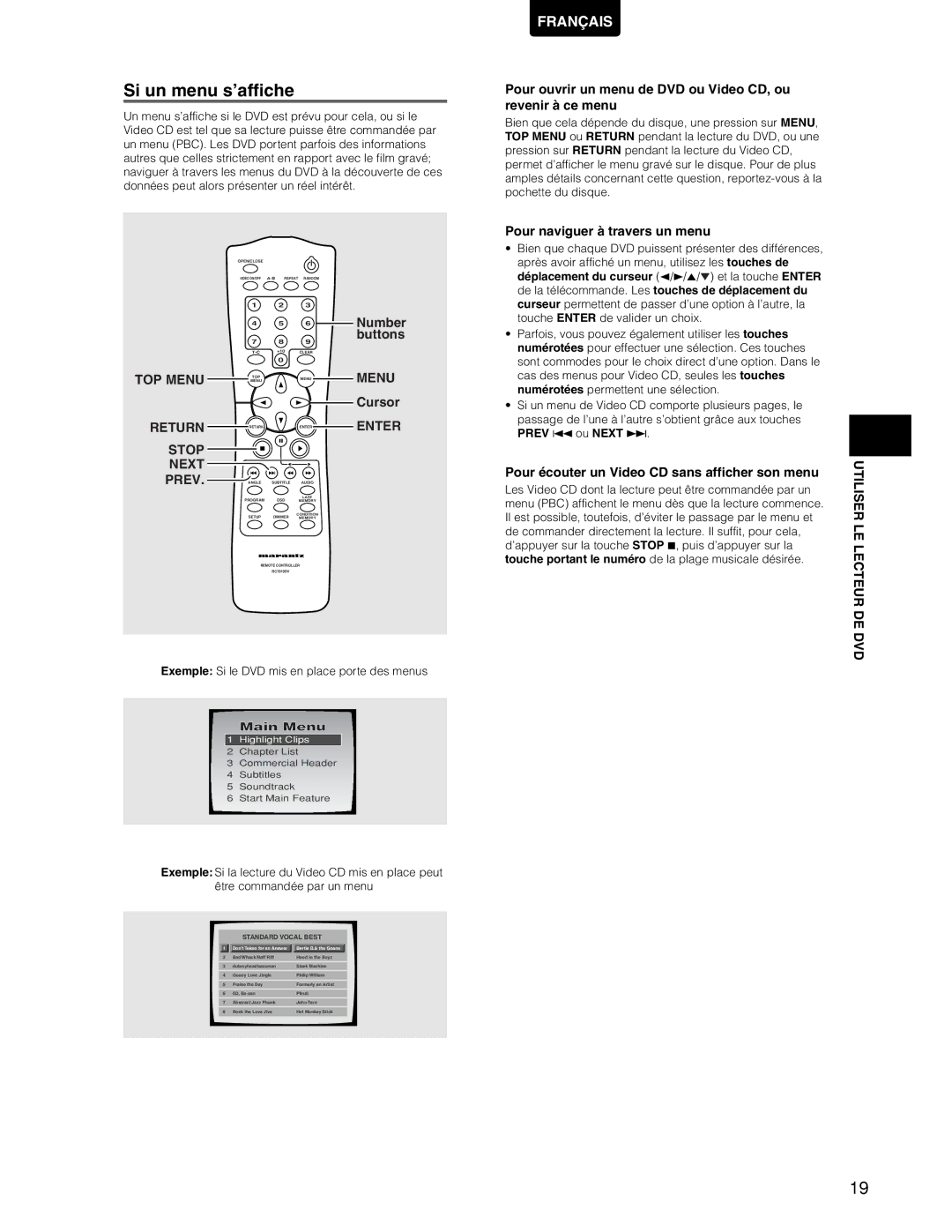 Marantz DV7110 Si un menu s’affiche, Pour naviguer à travers un menu, Pour écouter un Video CD sans afficher son menu 