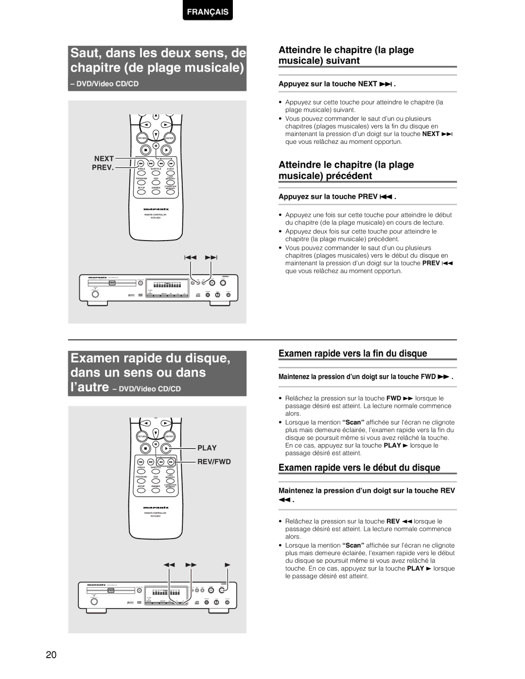 Marantz DV7110 manual Saut, dans les deux sens, de chapitre de plage musicale 