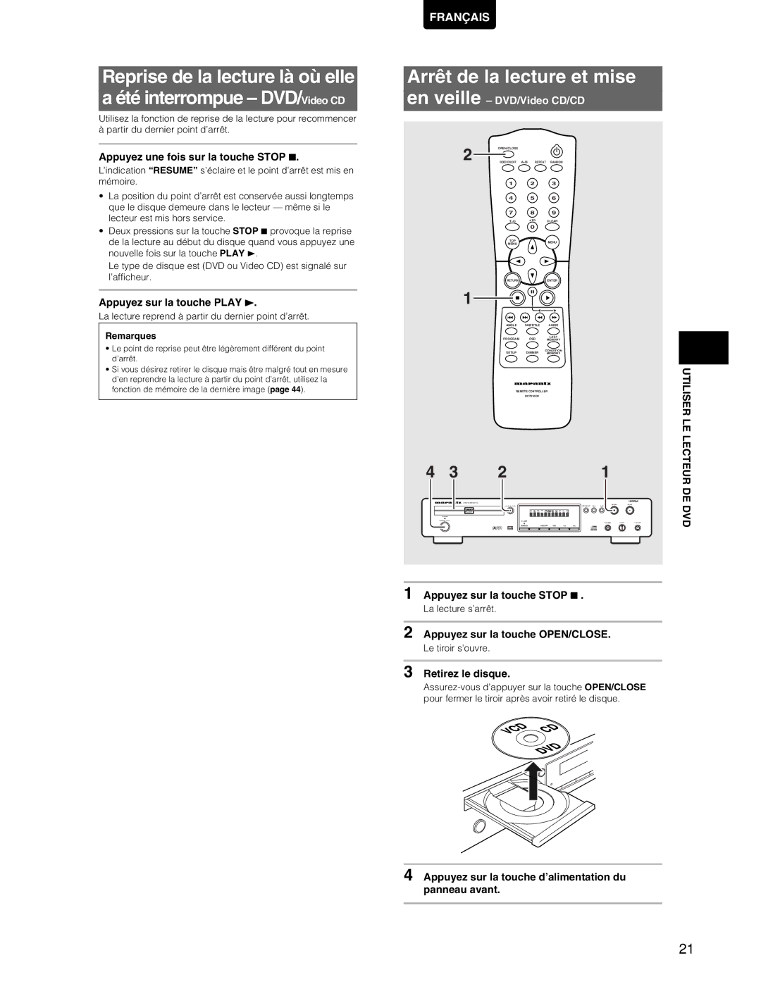 Marantz DV7110 Arrêt de la lecture et mise En veille, Appuyez une fois sur la touche Stop, Appuyez sur la touche Stop 