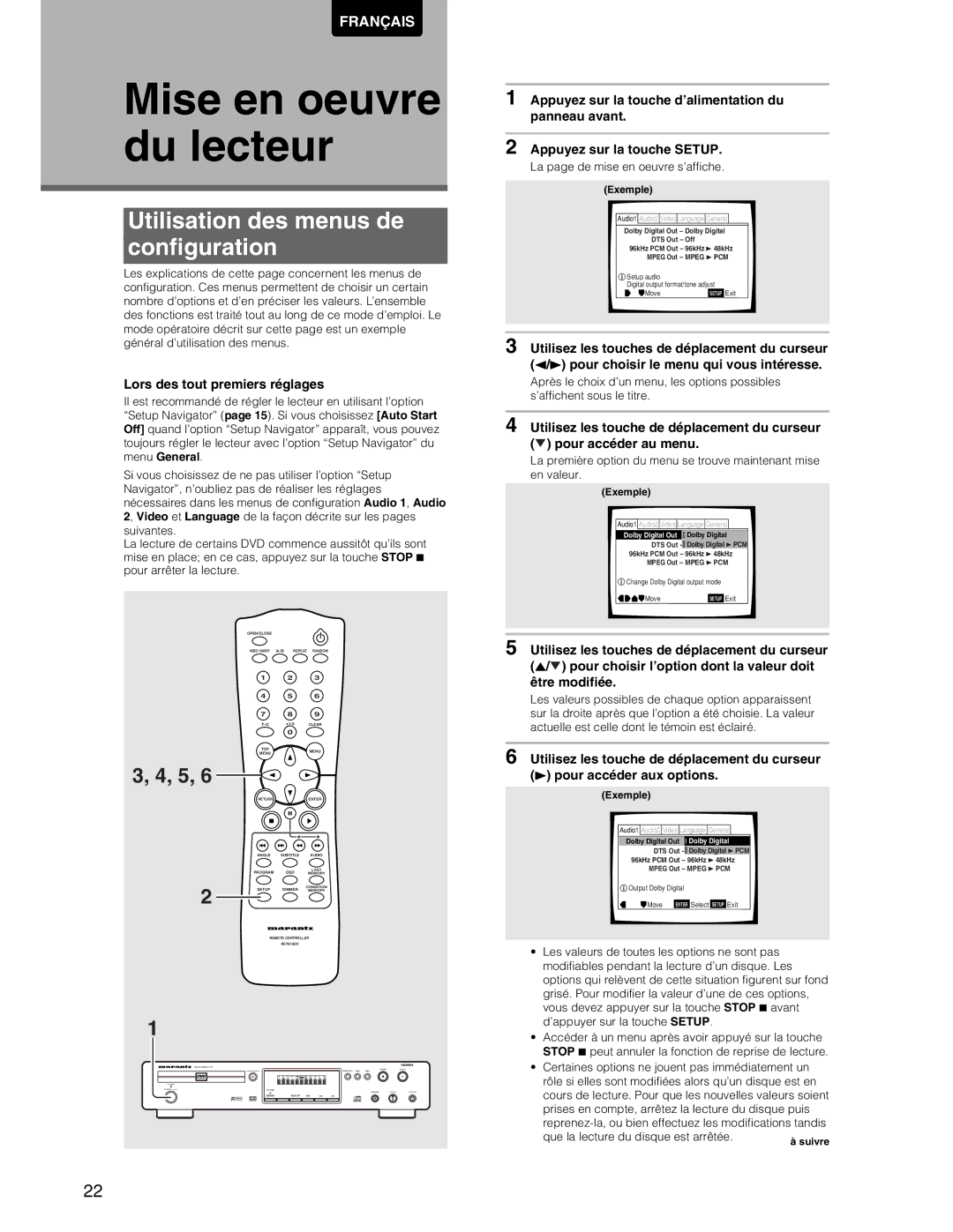 Marantz DV7110 manual Mise en oeuvre du lecteur, Utilisation des menus de Configuration, Lors des tout premiers réglages 