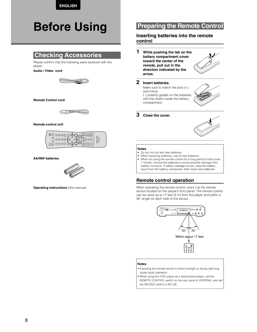 Marantz DV7110 manual Before Using, Checking Accessories, Preparing the Remote Control, Remote control operation 