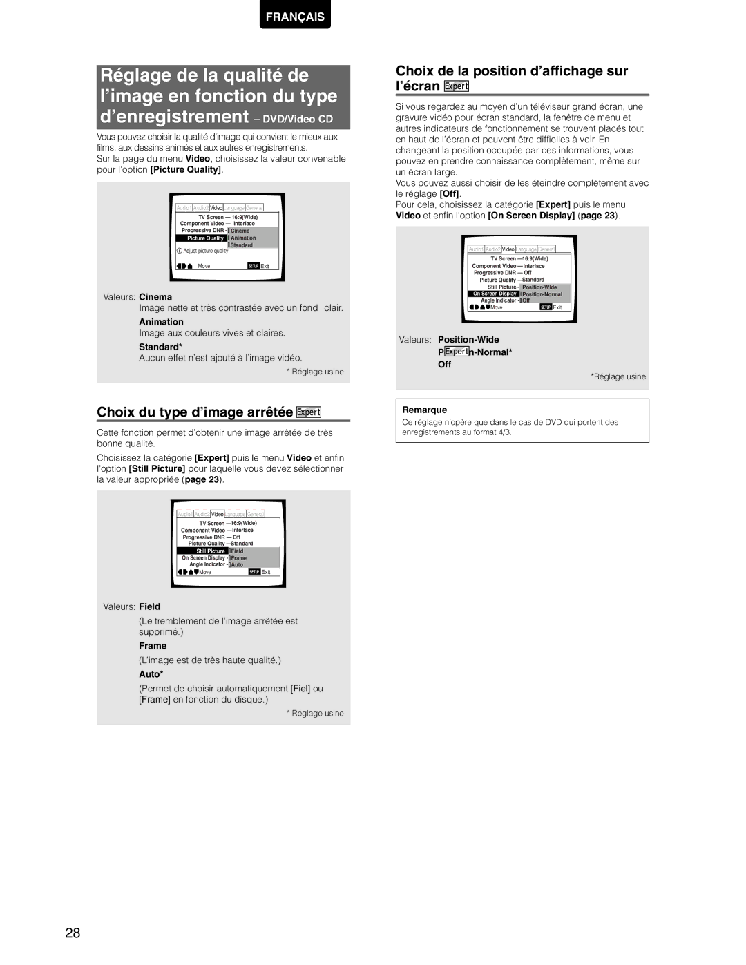 Marantz DV7110 manual Choix du type d’image arrêtée, Choix de la position d’affichage sur l’écran 