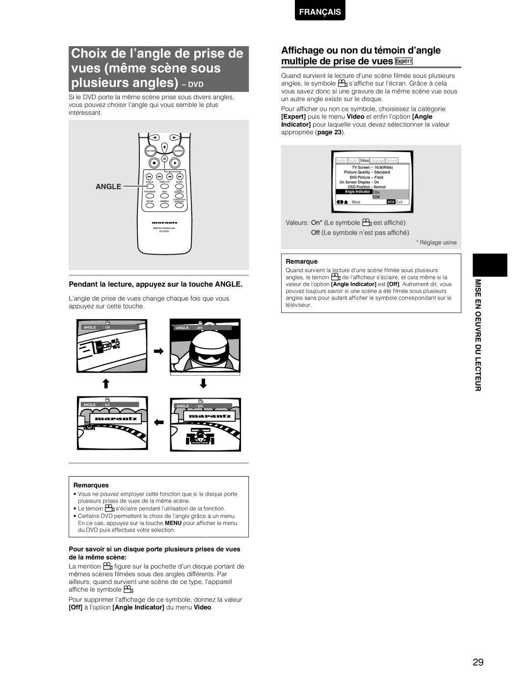 Marantz DV7110 manual Affichage ou non du témoin d’angle multiple de prise de vues 