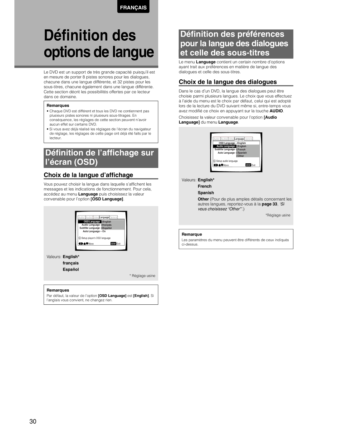 Marantz DV7110 Définition de l’affichage sur ’écran OSD, Choix de la langue d’affichage, Choix de la langue des dialogues 