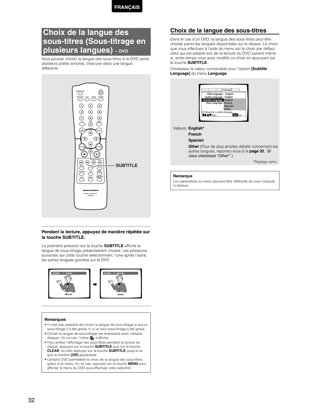 Marantz DV7110 manual Choix de la langue des sous-titres, Subtitle 