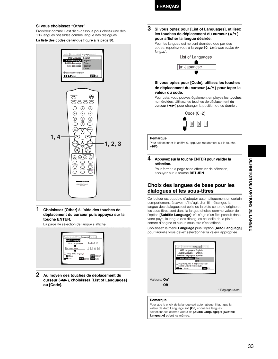 Marantz DV7110 manual Choix des langues de base pour les, Dialogues et les sous-titres, Des, Options, Langue 