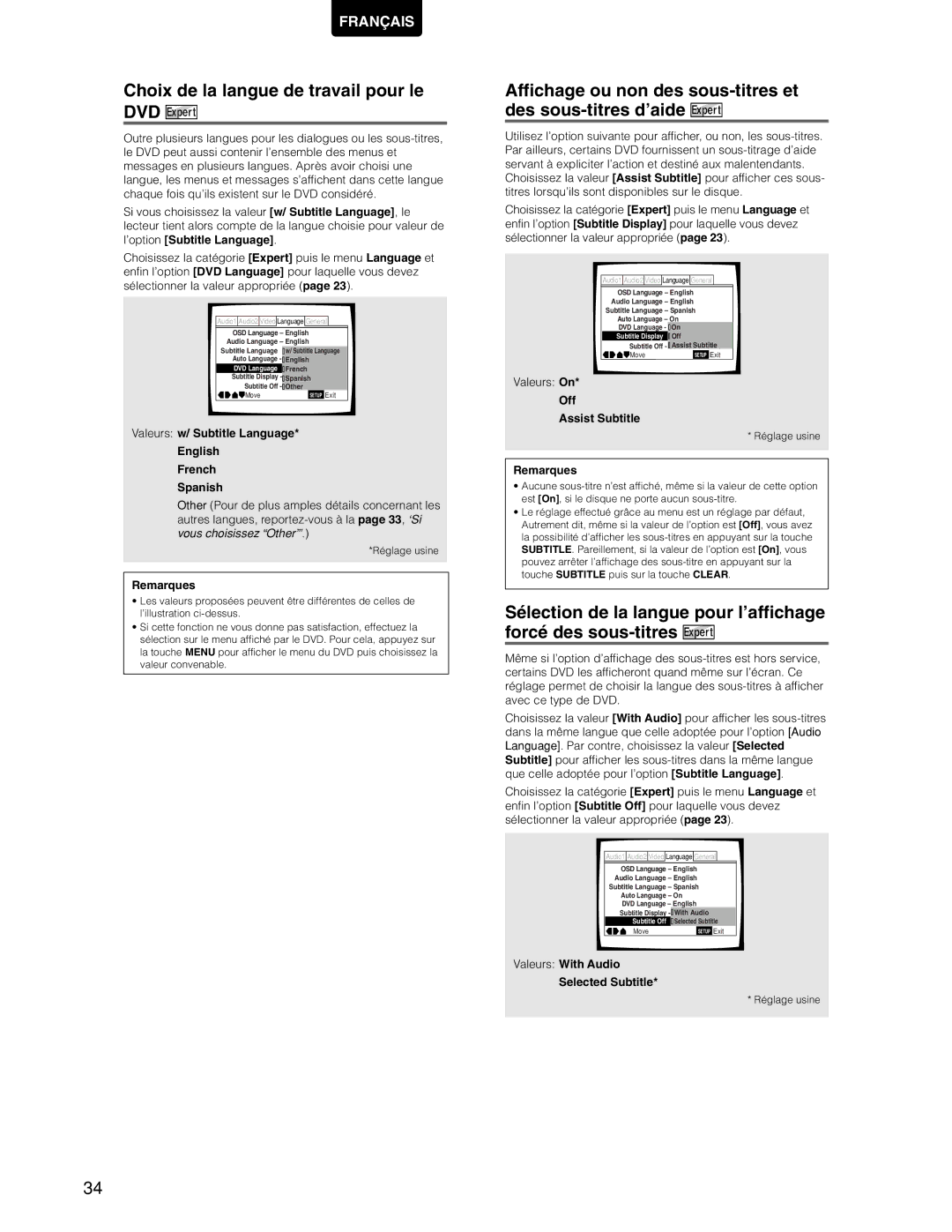 Marantz DV7110 manual Choix de la langue de travail pour le, Affichage ou non des sous-titres et des sous-titres d’aide 