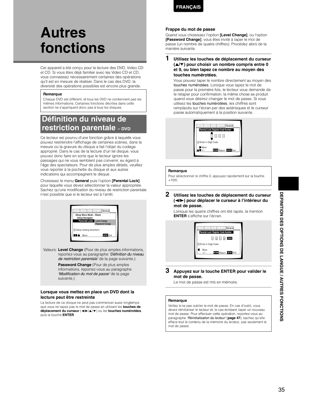 Marantz DV7110 manual Autres fonctions, Définition du niveau de Restriction parentale DVD, Frappe du mot de passe 