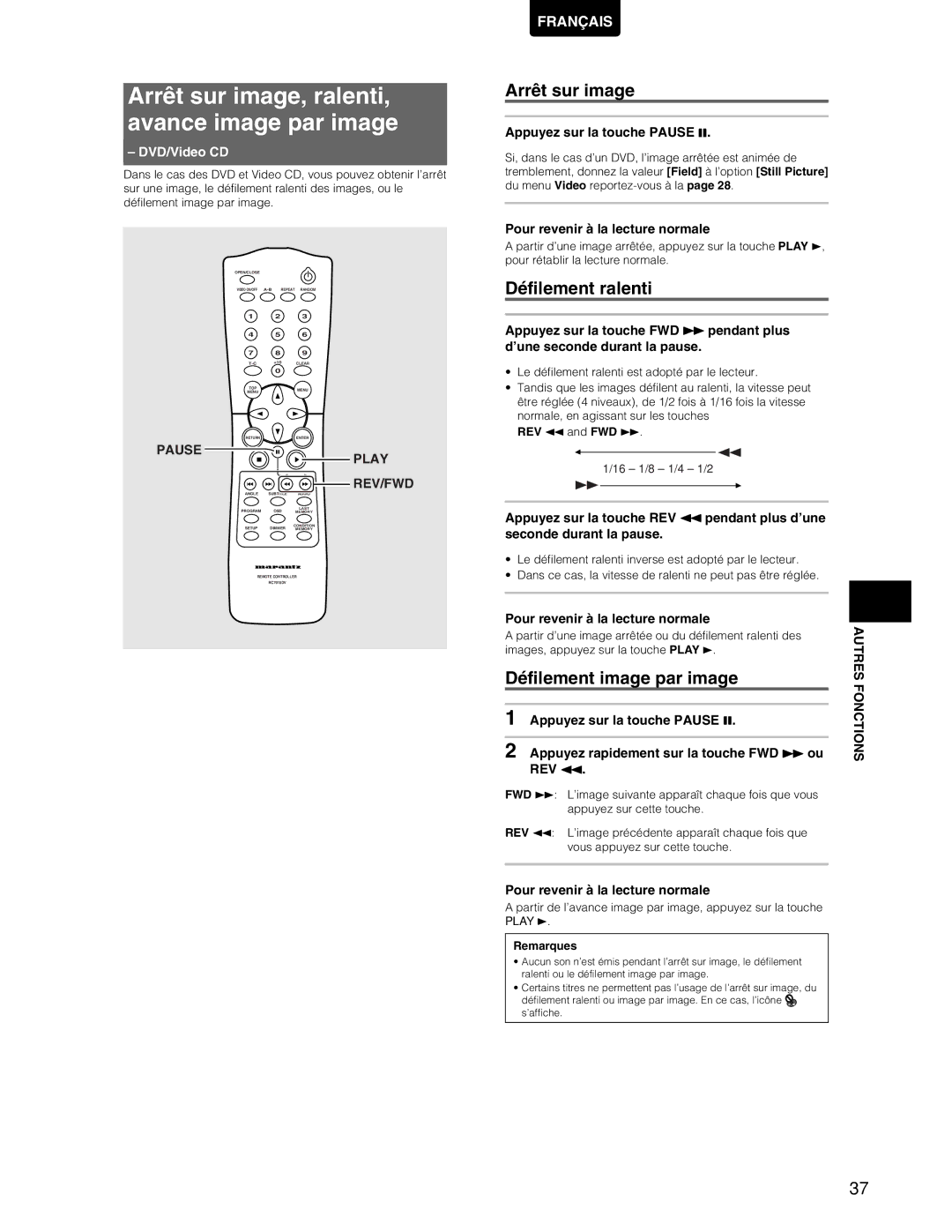 Marantz DV7110 Arrêt sur image, ralenti, avance image par image, Défilement ralenti, Défilement image par image, Autres 