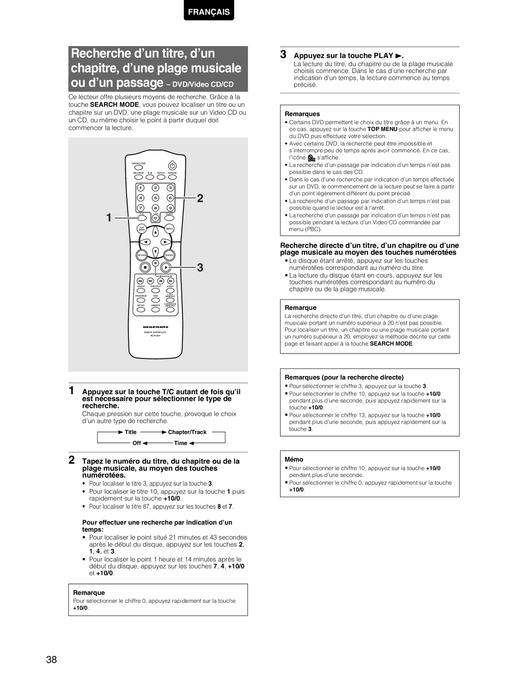 Marantz DV7110 manual Pour effectuer une recherche par indication d’un temps, Remarques pour la recherche directe, Mémo 