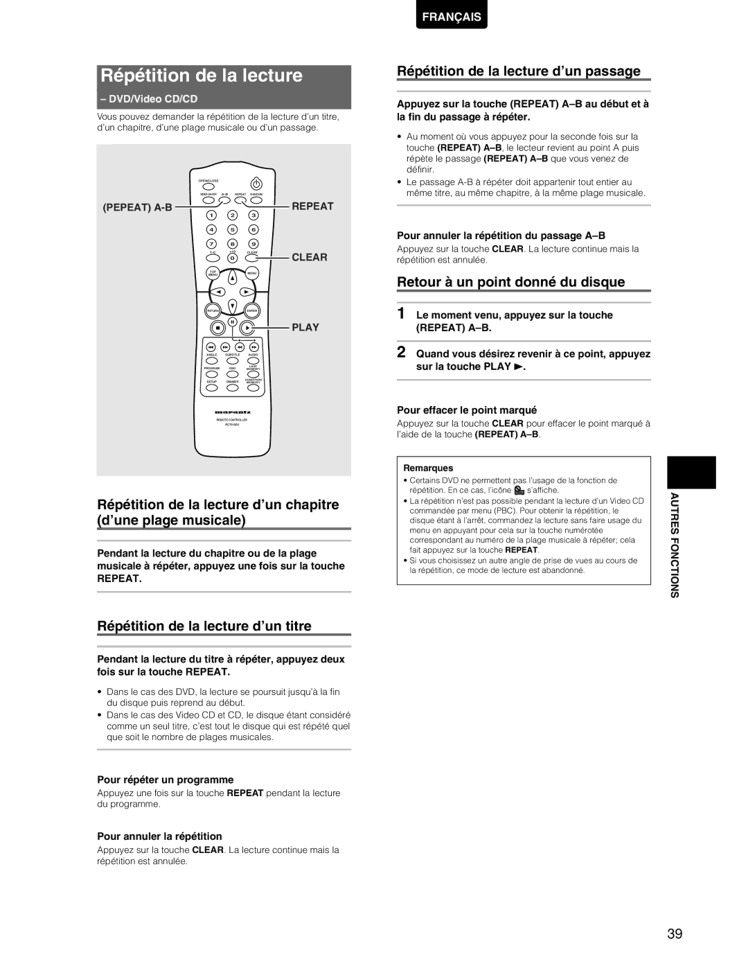 Marantz DV7110 manual Répétition de la lecture d’un chapitre d’une plage musicale, Répétition de la lecture d’un titre 