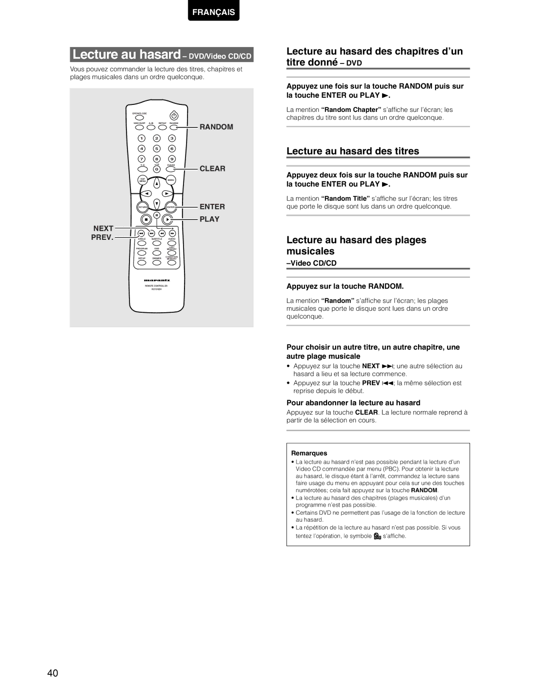 Marantz DV7110 manual Lecture au hasard DVD/Video CD/CD, Lecture au hasard des chapitres d’un titre donné 