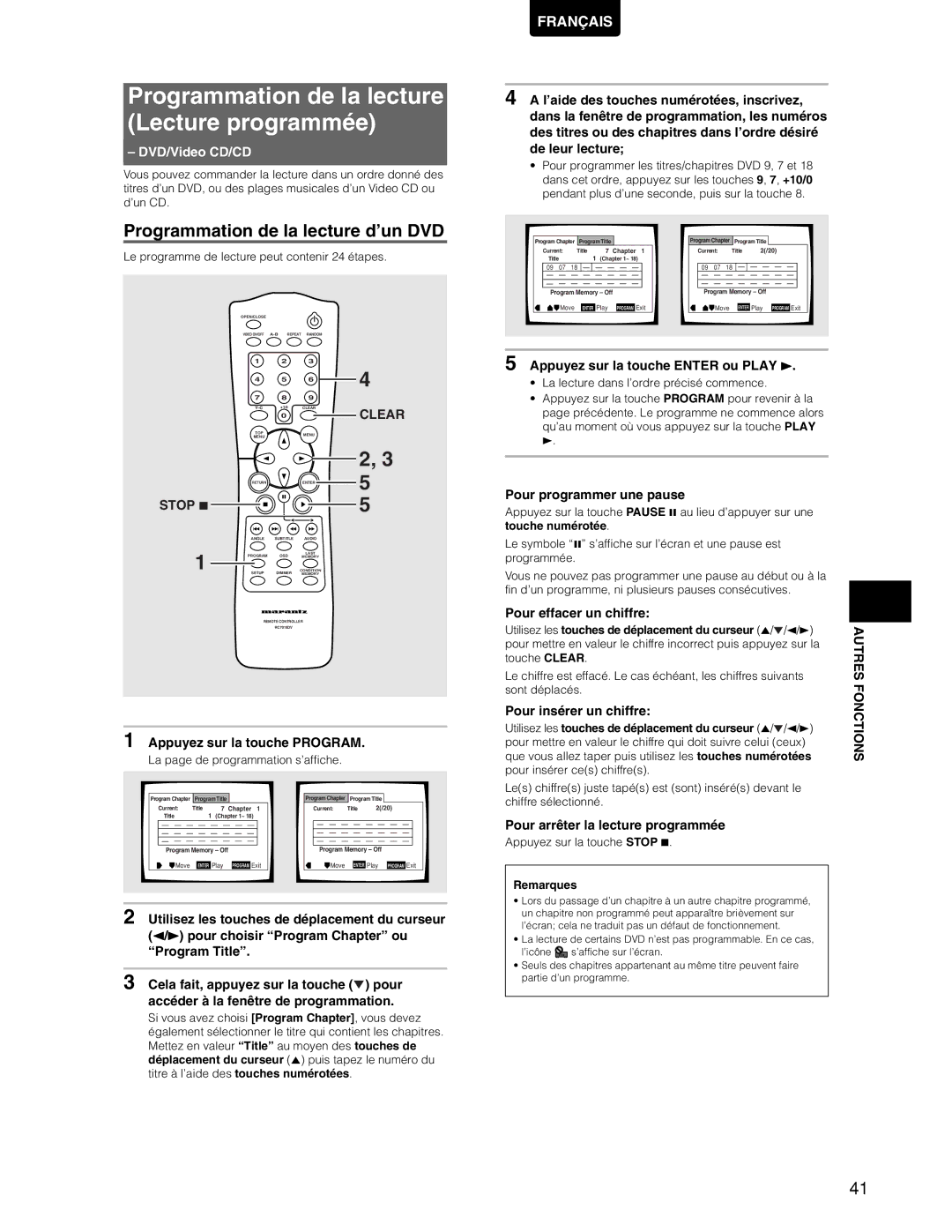 Marantz DV7110 manual Programmation de la lecture Lecture programmée, Programmation de la lecture d’un DVD 