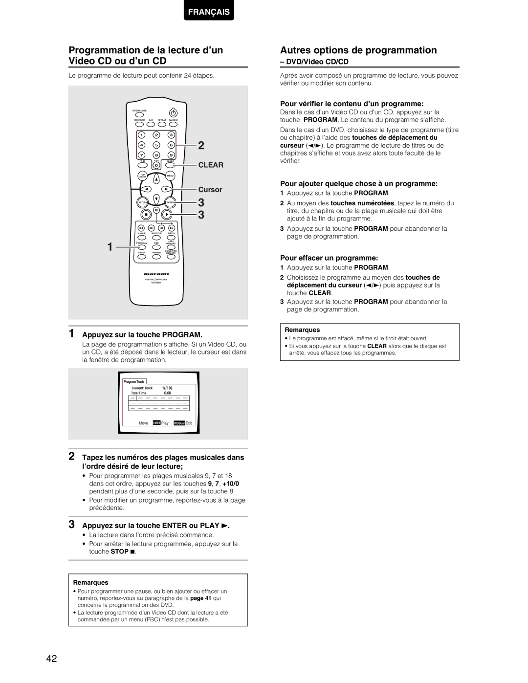 Marantz DV7110 manual Programmation de la lecture d’un Video CD ou d’un CD, Autres options de programmation 