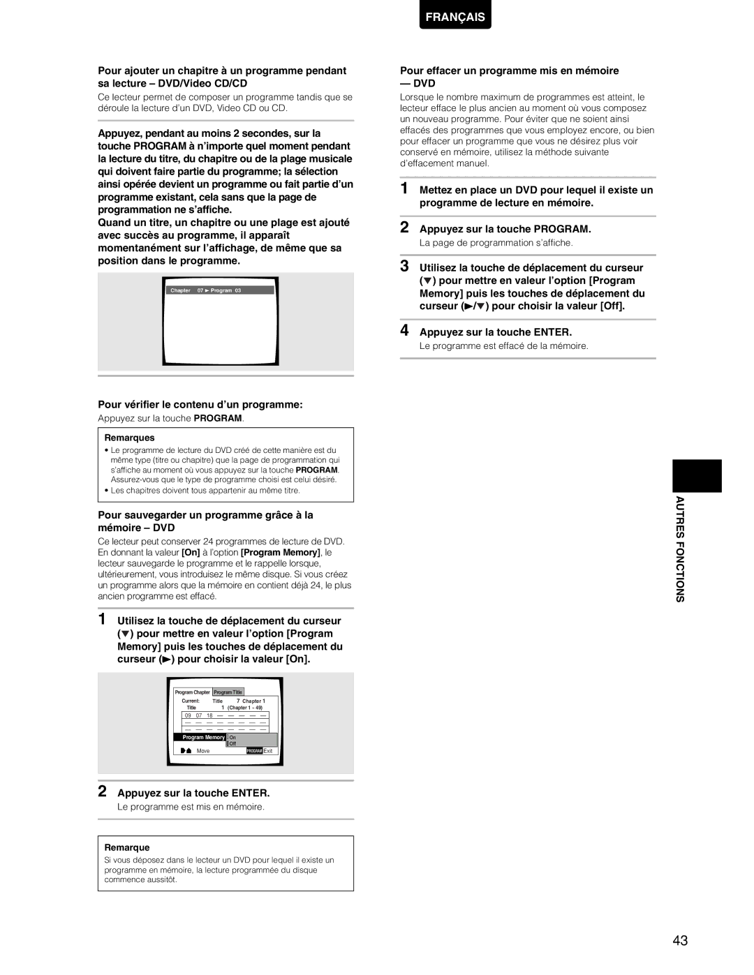 Marantz DV7110 manual Pour sauvegarder un programme grâce à la mémoire DVD, Pour effacer un programme mis en mémoire 