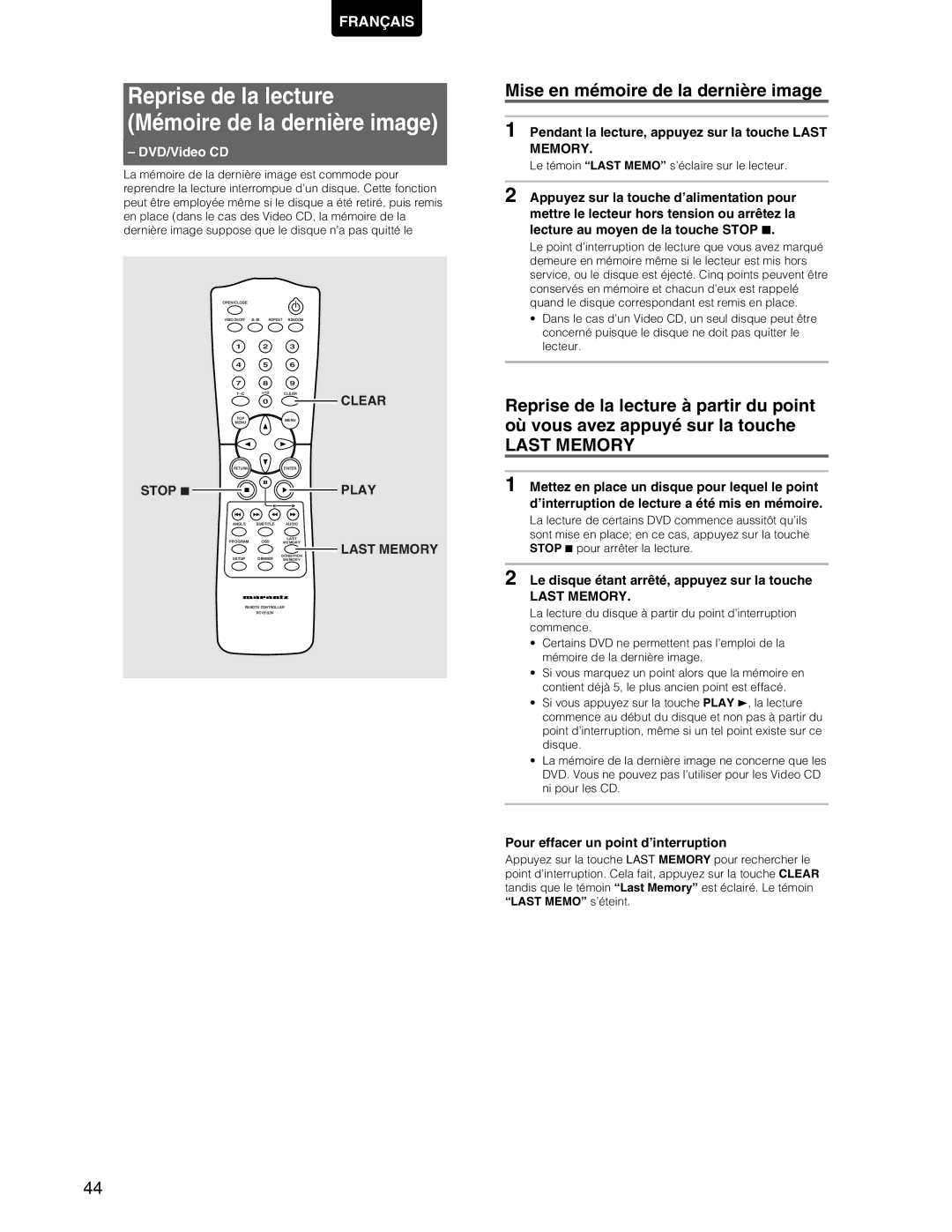 Marantz DV7110 manual Reprise de la lecture Mémoire de la dernière image, Mise en mémoire de la dernière image, Last Memory 