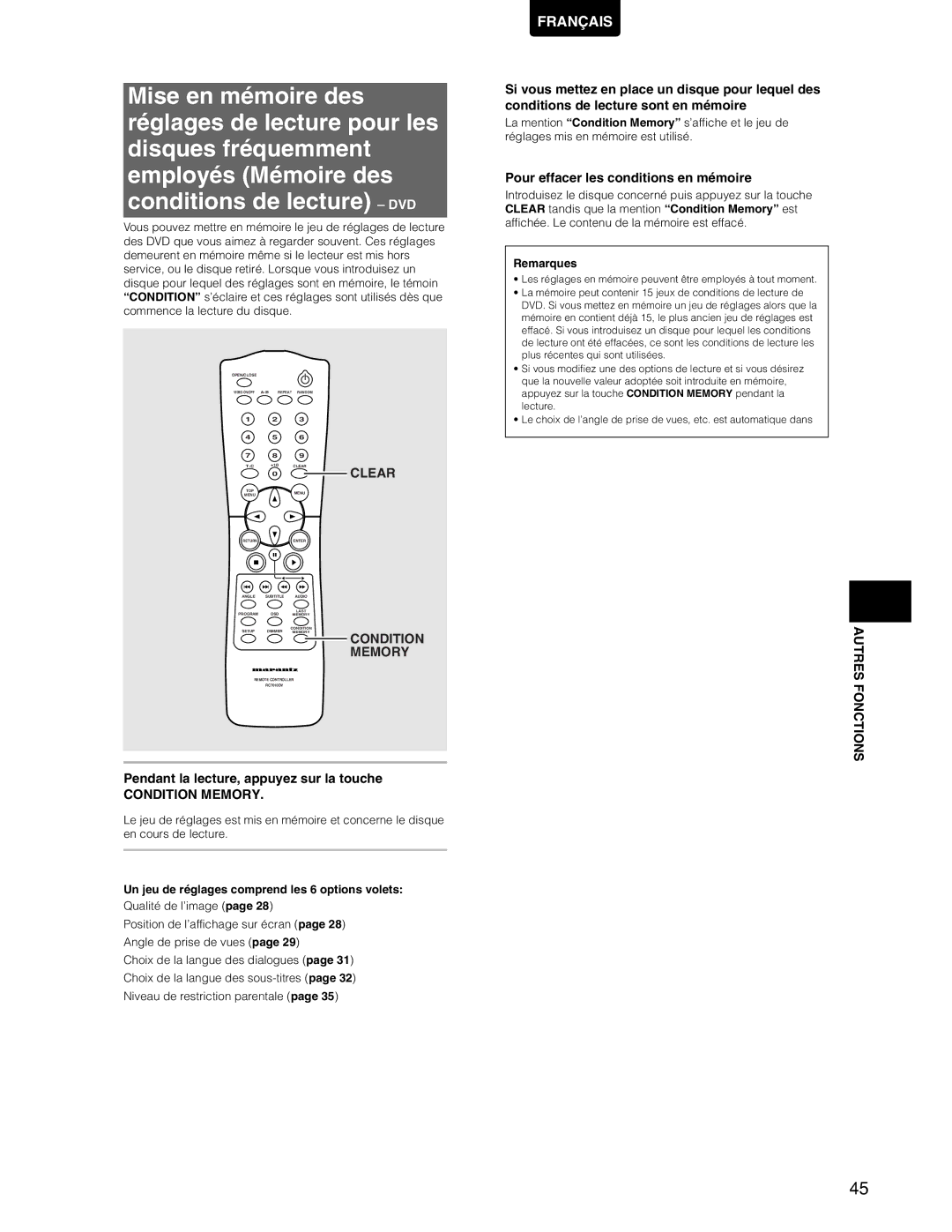 Marantz DV7110 manual Pendant la lecture, appuyez sur la touche, Condition Memory, Pour effacer les conditions en mémoire 