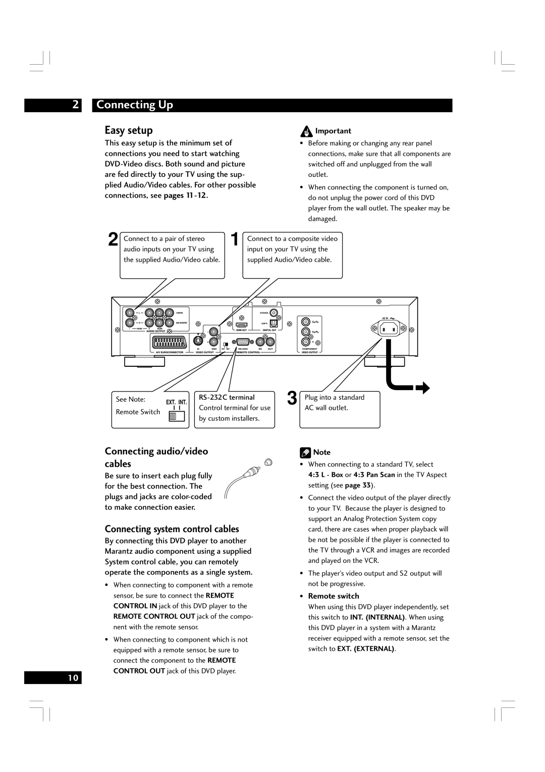 Marantz DV7600 Connecting Up, Easy setup, Connecting audio/video cables, Connecting system control cables, Remote switch 