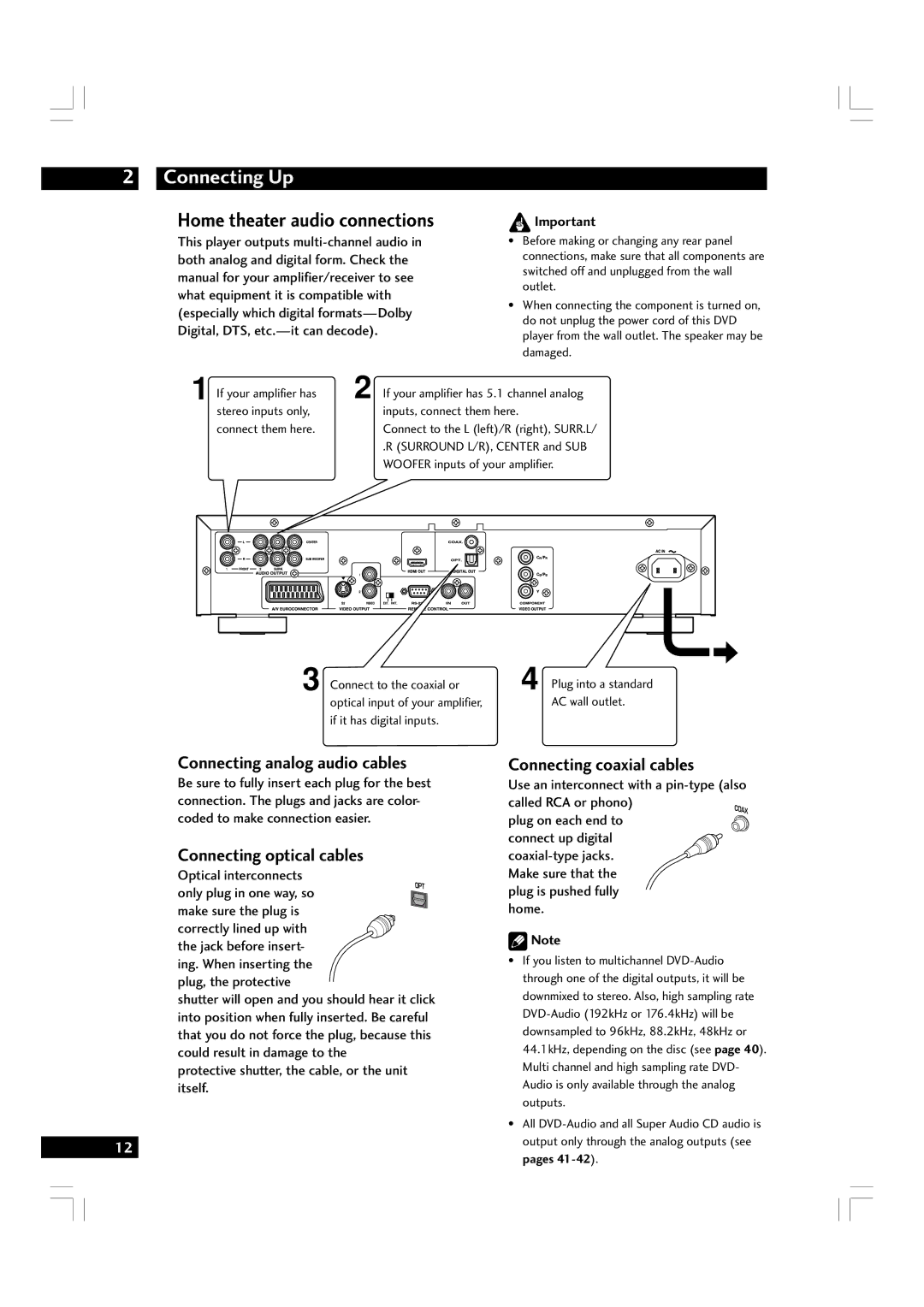 Marantz DV7600 manual Home theater audio connections, Connecting analog audio cables, Connecting optical cables 