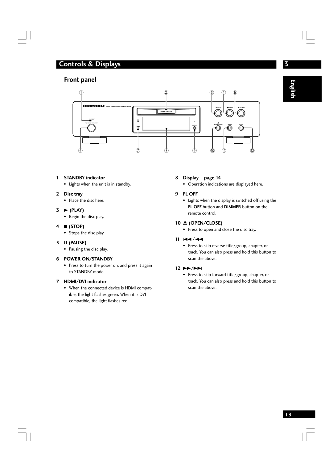 Marantz DV7600 manual Controls & Displays, Front panel 